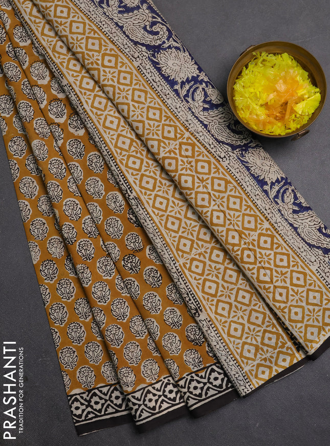 Jaipur cotton saree mustard yellow and black with allover butta prints and printed border