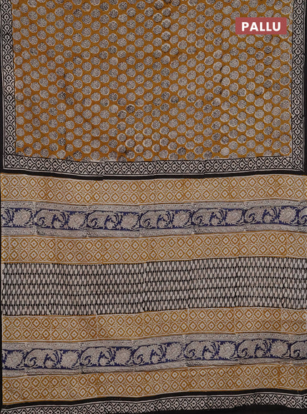 Jaipur cotton saree mustard yellow and black with allover butta prints and printed border