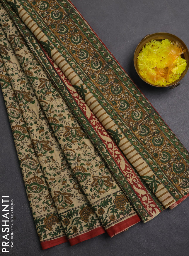 Jaipur cotton saree beige and maroon with allover floral prints and printed border