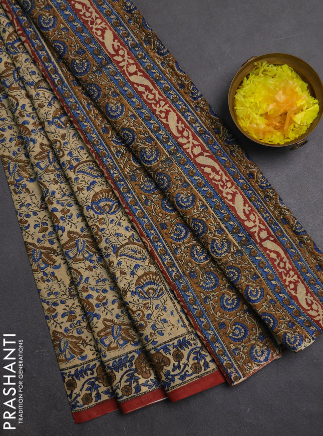 Jaipur cotton saree beige blue and rust shade with allover prints and printed border