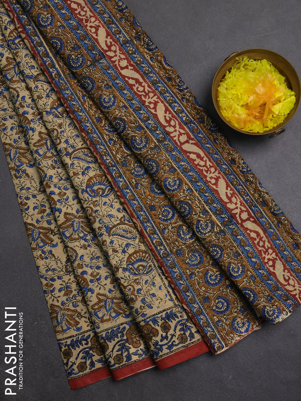 Jaipur cotton saree beige blue and rust shade with allover prints and printed border