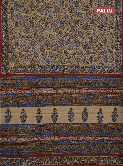Jaipur cotton saree beige blue and rust shade with allover prints and printed border
