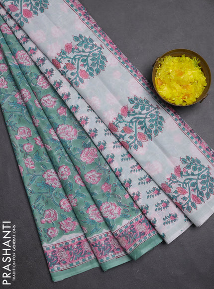 Jaipur cotton saree teal green and light pink with allover floral prints and printed border