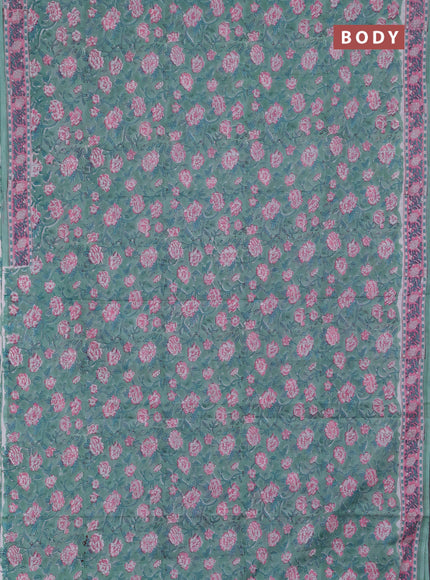 Jaipur cotton saree teal green and light pink with allover floral prints and printed border