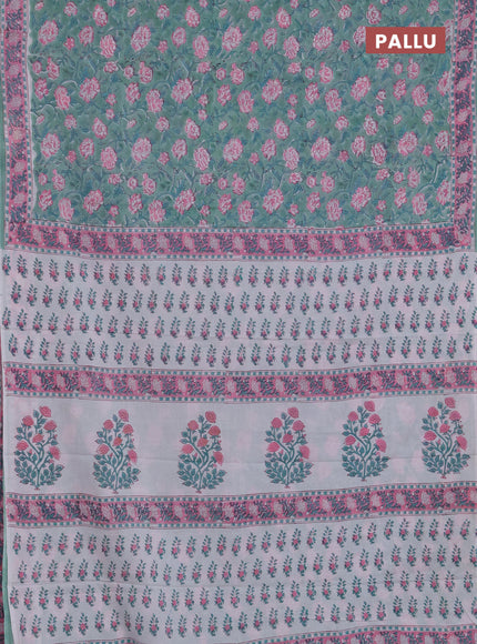 Jaipur cotton saree teal green and light pink with allover floral prints and printed border