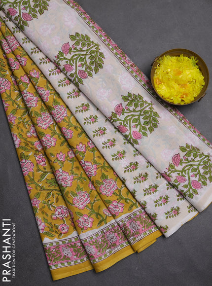 Jaipur cotton saree mustard yellow and off white with allover floral prints and printed border