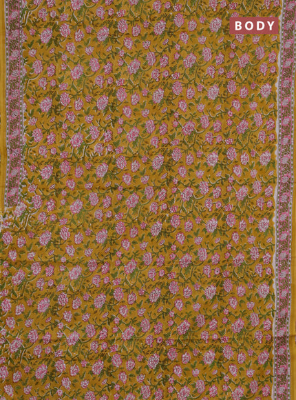 Jaipur cotton saree mustard yellow and off white with allover floral prints and printed border