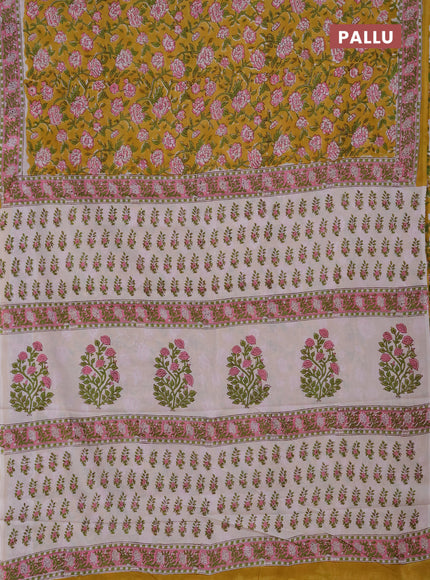 Jaipur cotton saree mustard yellow and off white with allover floral prints and printed border