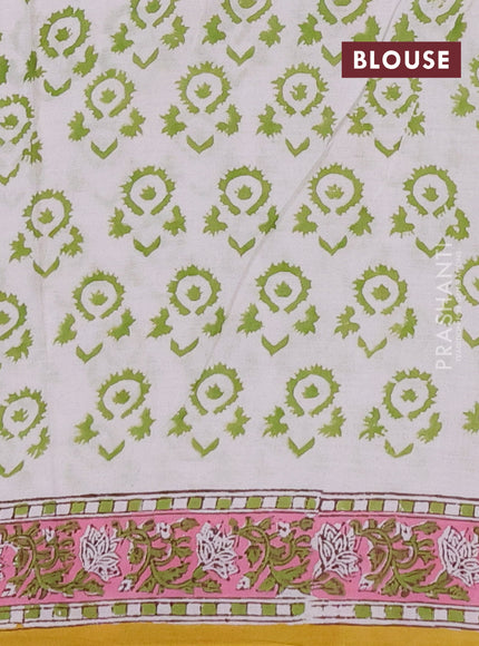 Jaipur cotton saree mustard yellow and off white with allover floral prints and printed border