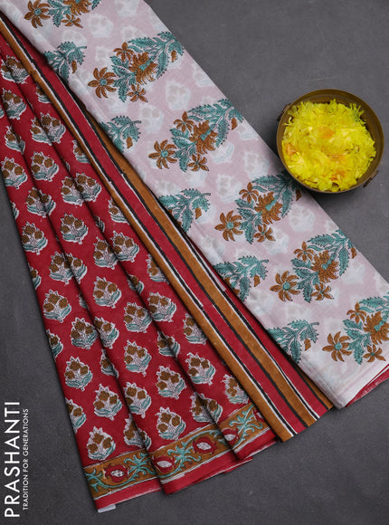 Jaipur cotton saree maroon and dark mustard with allover butta prints and printed border