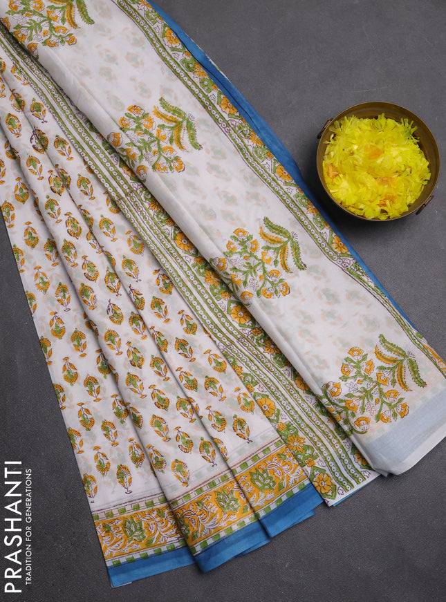 Jaipur cotton saree off white and yellow with allover butta prints and printed border