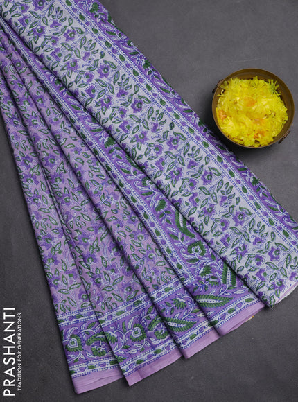 Jaipur cotton saree lavender with allover floral prints and printed border