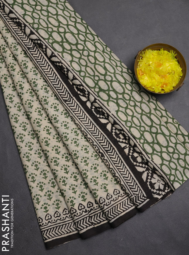 Jaipur cotton saree beige green and black with allover butta prints and printed border