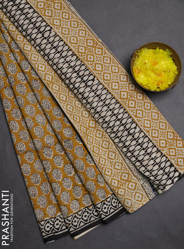 Jaipur cotton saree mustard yellow and black with allover butta prints and printed border