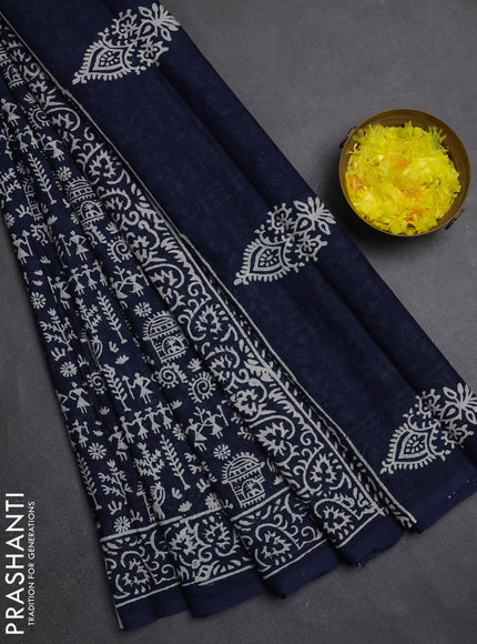 Jaipur cotton saree navy blue with allover warli prints and printed border