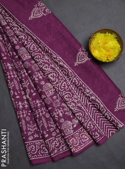 Jaipur cotton saree magenta pink with allover warli prints and printed border