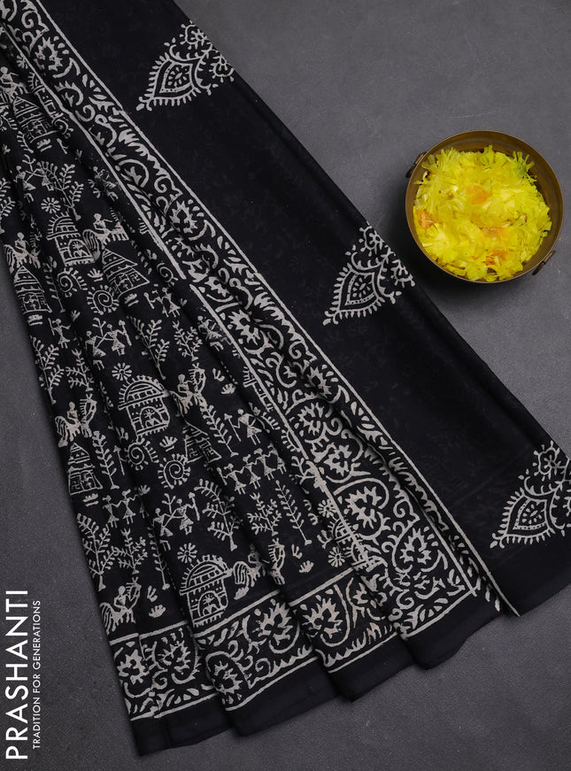 Jaipur cotton saree black with allover warli prints and printed border