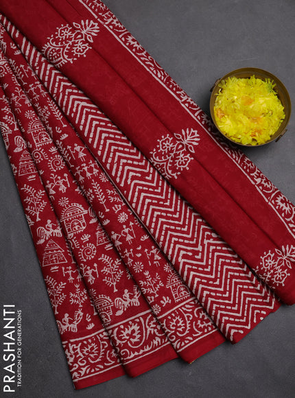 Jaipur cotton saree maroon with allover warli prints and printed border