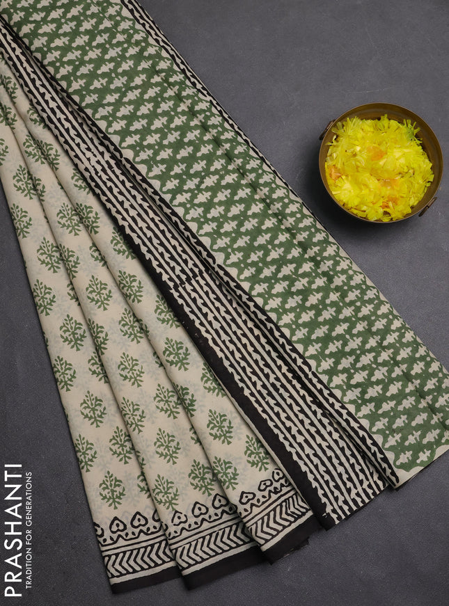 Jaipur cotton saree beige green and black with allover butta prints and printed border