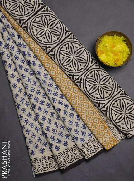 Jaipur cotton saree beige blue and black with allover butta prints and printed border