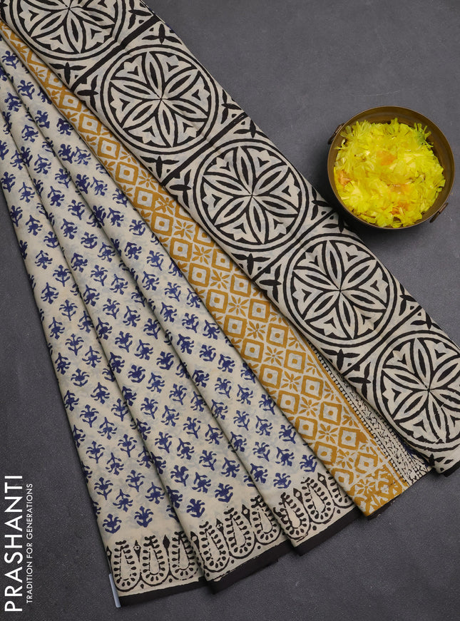 Jaipur cotton saree beige blue and black with allover butta prints and printed border