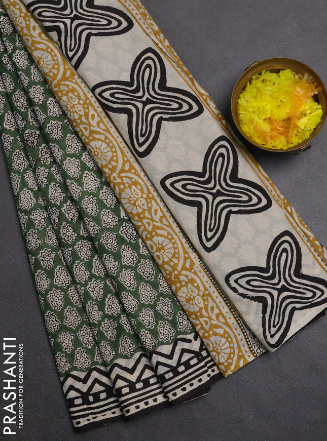 Jaipur cotton saree green and black with allover butta prints and printed border