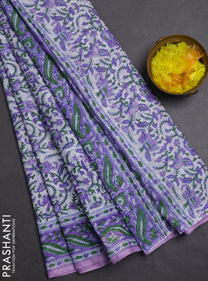 Jaipur cotton saree off white and lavender with allover prints and printed border