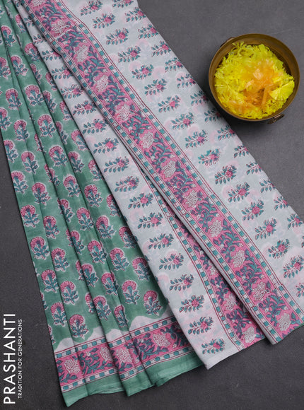 Jaipur cotton saree teal green and pink with allover butta prints and printed border
