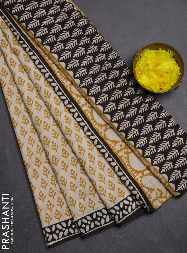 Jaipur cotton saree beige mustard and black with allover butta prints and printed border