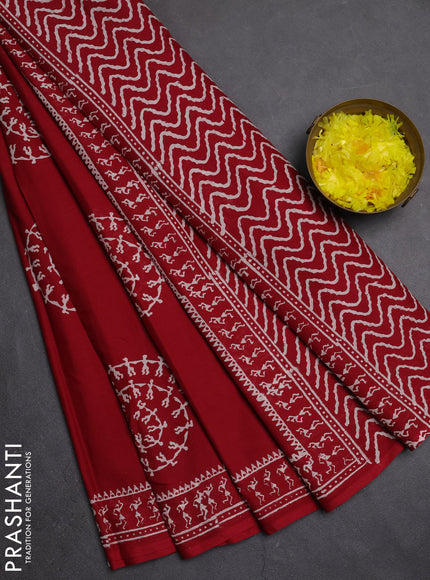 Jaipur cotton saree maroon with warli butta prints and printed border