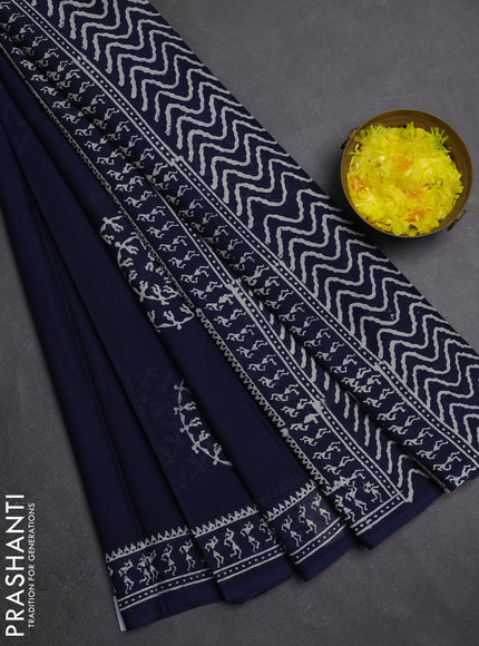 Jaipur cotton saree navy blue with warli butta prints and printed border