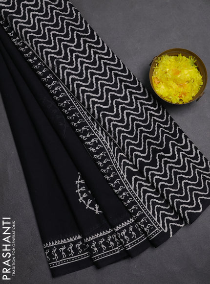 Jaipur cotton saree black with warli butta prints and printed border