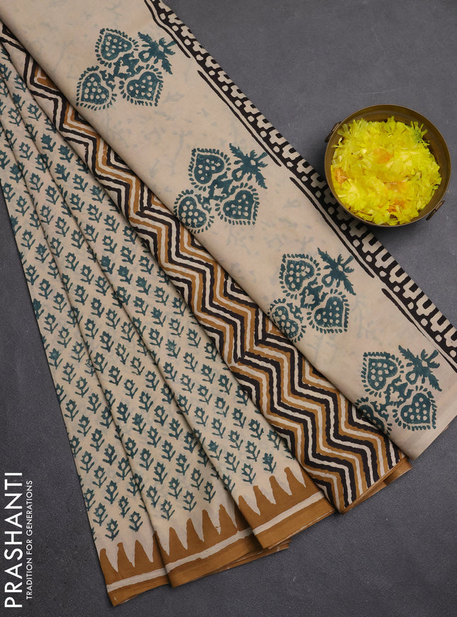 Jaipur cotton saree beige green and dark mustard with allover butta prints and printed border