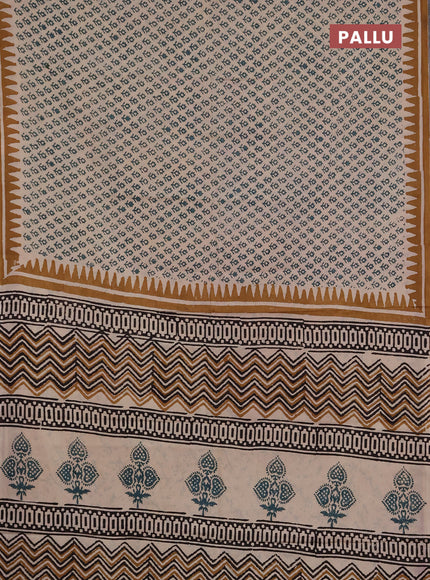 Jaipur cotton saree beige green and dark mustard with allover butta prints and printed border