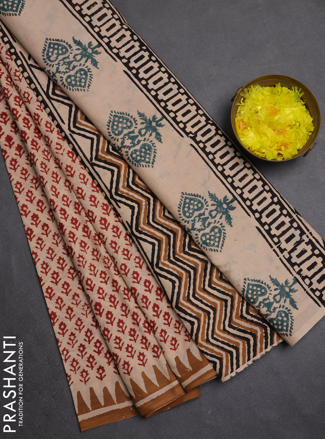 Jaipur cotton saree beige maroon and dark mustard with allover butta prints and printed border