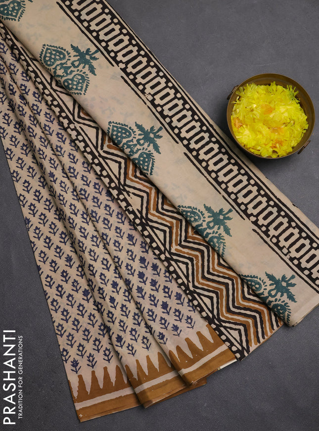 Jaipur cotton saree beige blue and dark mustard with allover butta prints and printed border