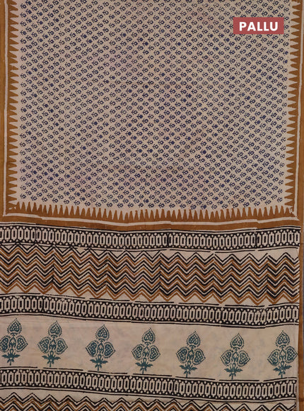 Jaipur cotton saree beige blue and dark mustard with allover butta prints and printed border