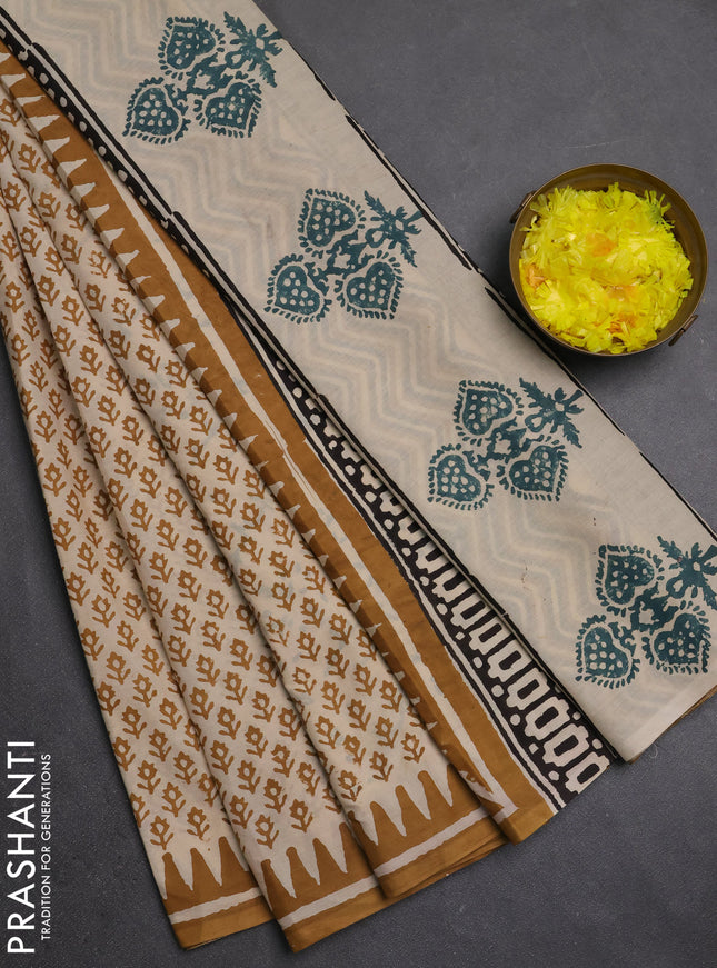 Jaipur cotton saree beige and dark mustard with allover butta prints and printed border