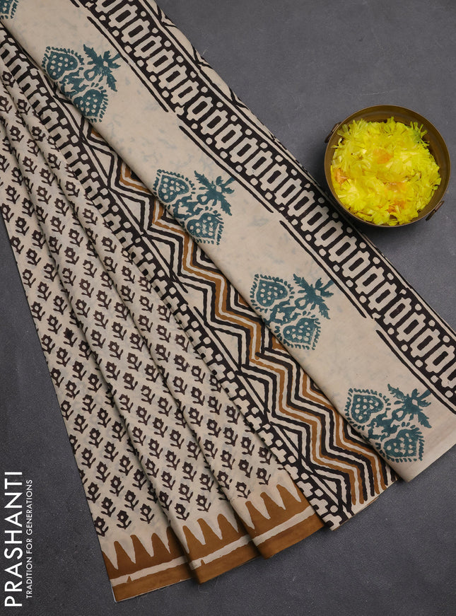Jaipur cotton saree beige coffee brown and dark mustard with allover butta prints and printed border