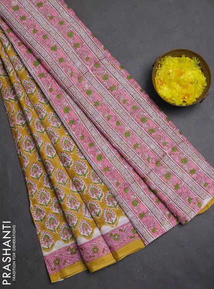 Jaipur cotton saree mustard yellow and pink with allover butta prints and printed border