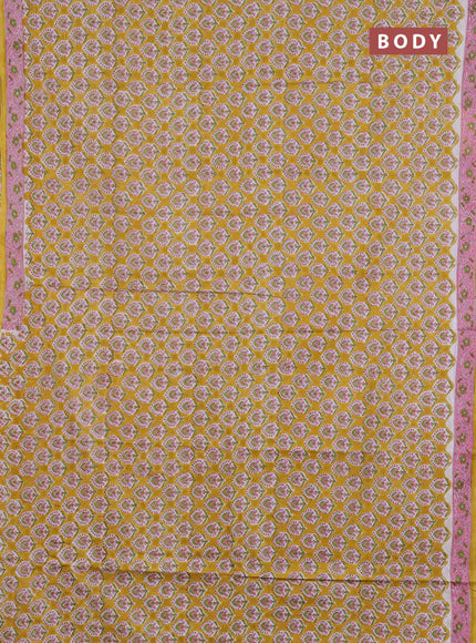Jaipur cotton saree mustard yellow and pink with allover butta prints and printed border