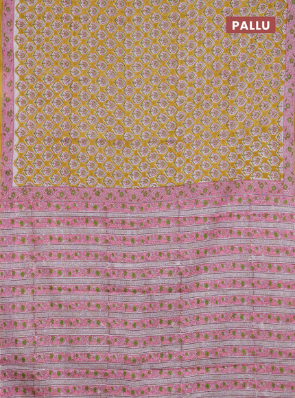 Jaipur cotton saree mustard yellow and pink with allover butta prints and printed border