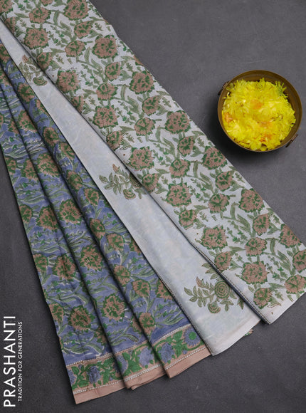 Jaipur cotton saree grey and beige with allover floral prints and printed border