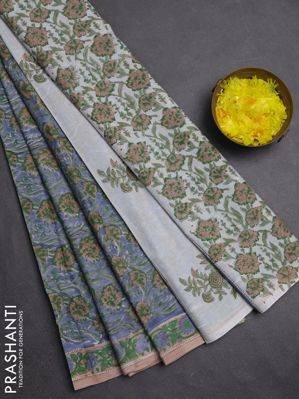 Jaipur cotton saree grey and beige with allover floral prints and printed border