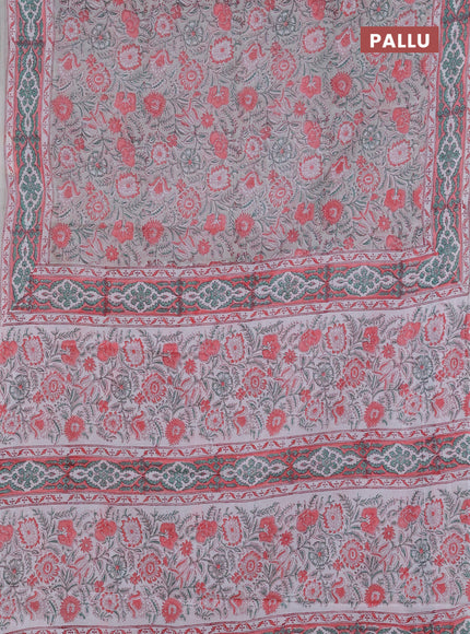 Jaipur cotton saree pastel green and peach with allover floral prints and printed border