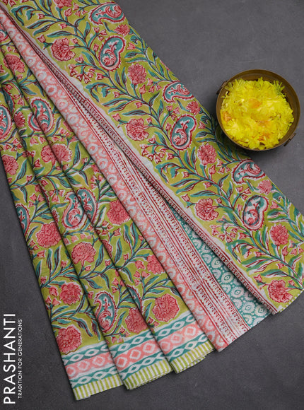 Jaipur cotton saree light green with allover floral prints and printed border