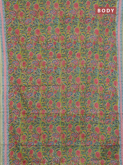 Jaipur cotton saree light green with allover floral prints and printed border