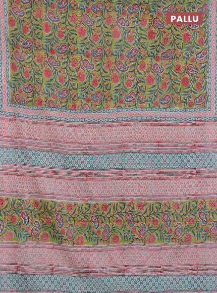 Jaipur cotton saree light green with allover floral prints and printed border