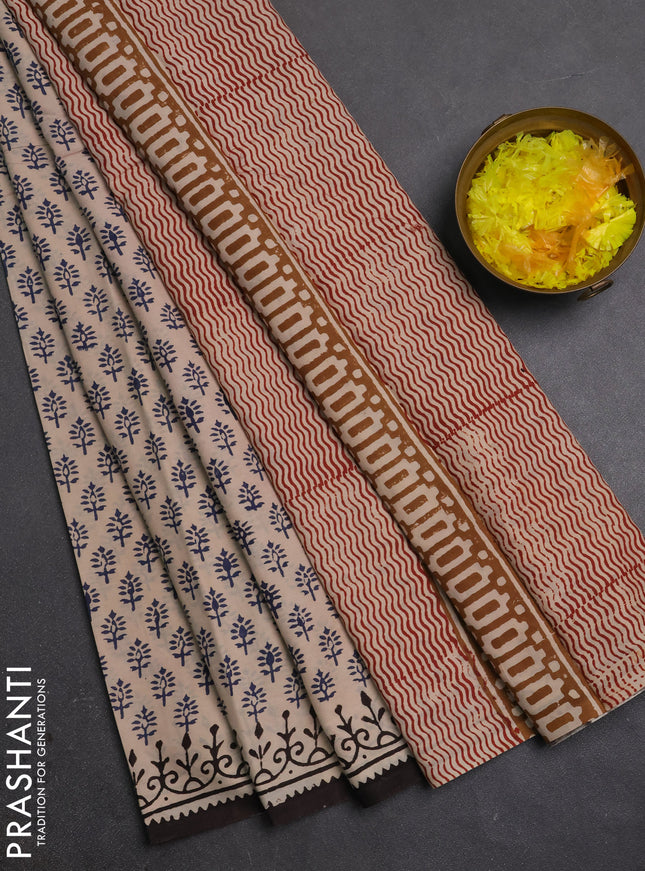 Jaipur cotton saree beige blue and coffee brown with allover butta prints and printed border