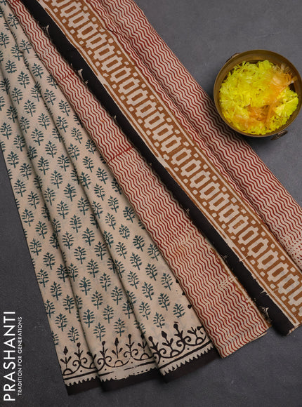 Jaipur cotton saree beige green and coffee brown with allover butta prints and printed border